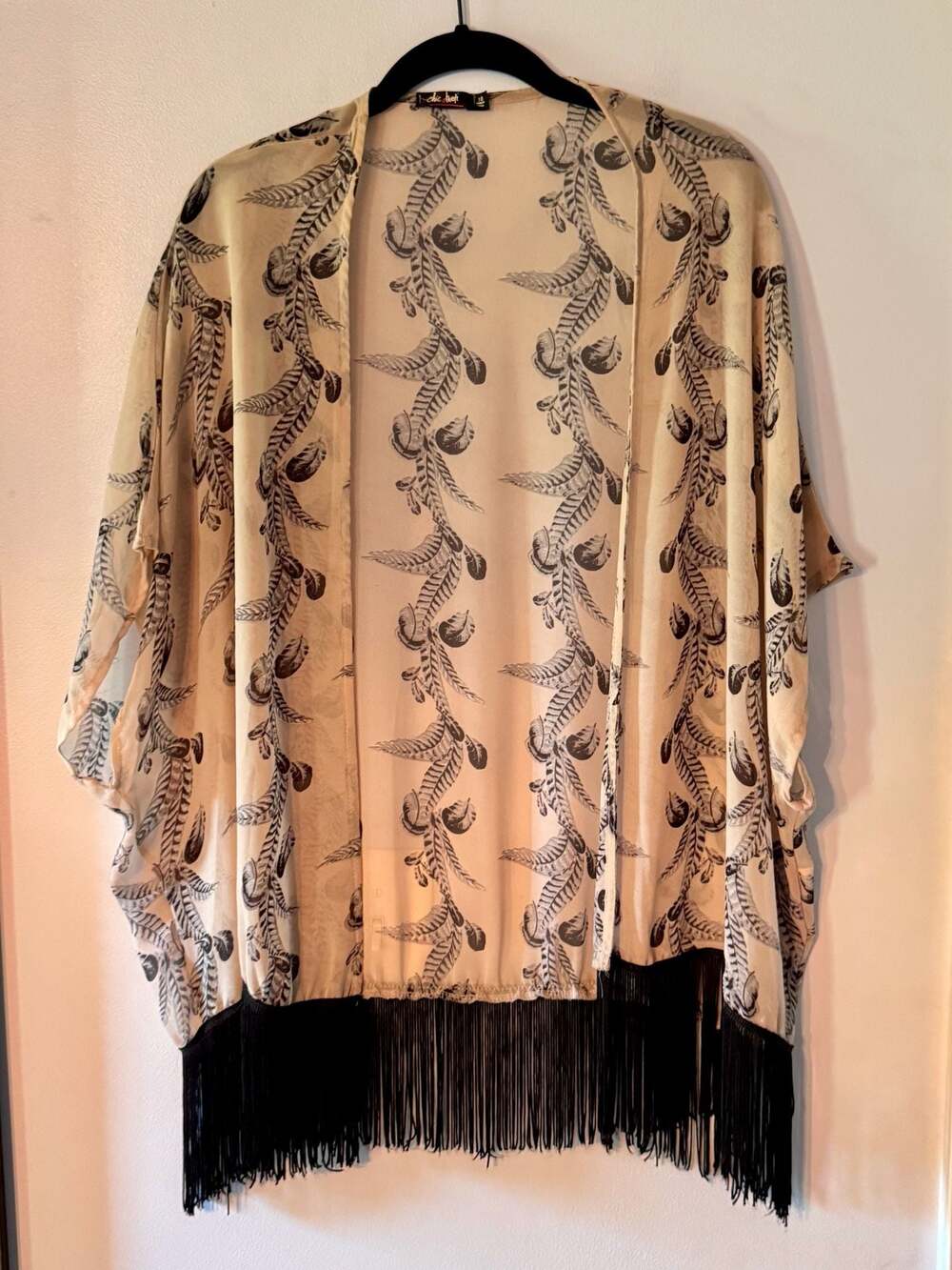 Chic & Boho Fringe Kimono Cardigan Beige Black Bohemian Festival Cover Up Medium